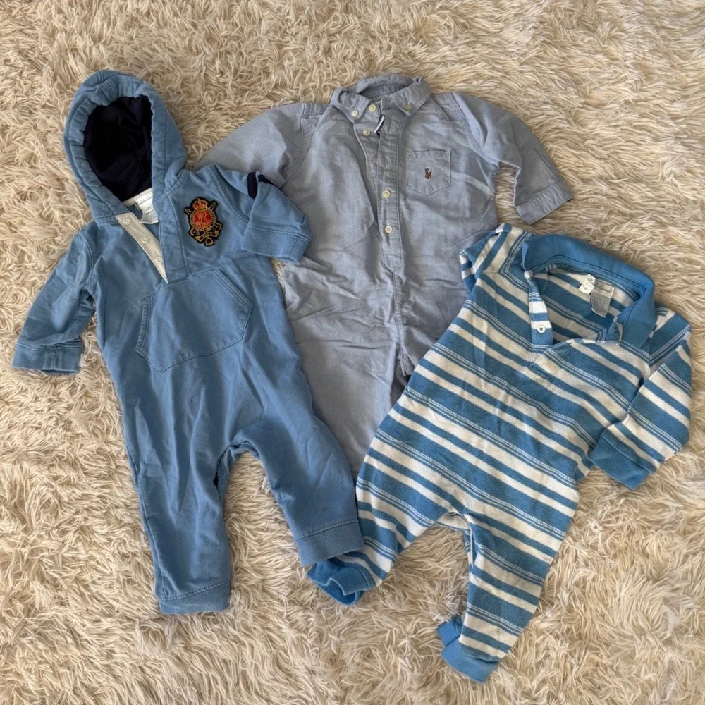 Ralph Lauren Baby Boys Bundle 3 Blue Hooded Romper & Chambray Button Up Set 9M